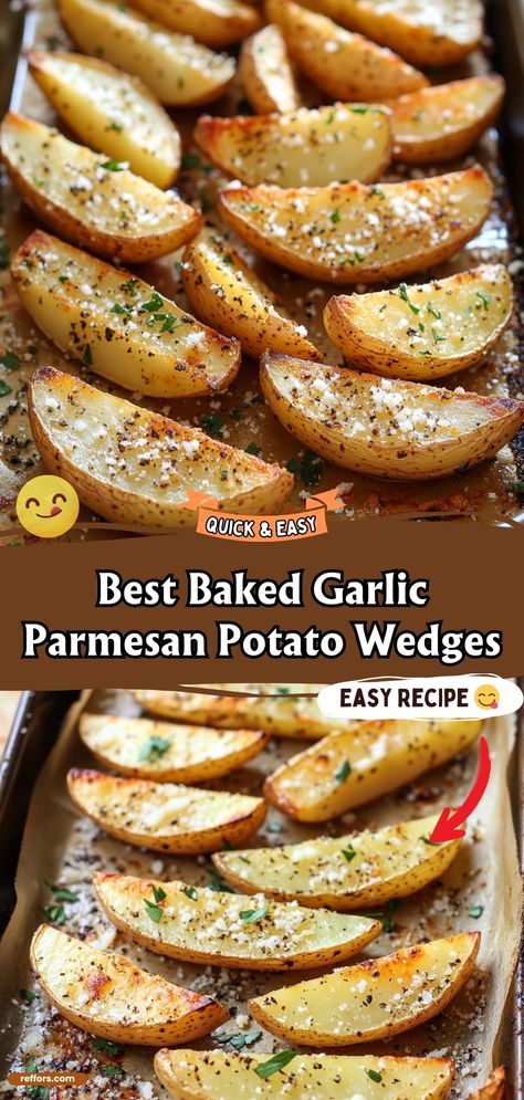 Enjoy the irresistible crunch of the Best Baked Garlic Parmesan Potato Wedges. These wedges are seasoned to perfection, combining the bold flavors of garlic and Parmesan for a side dish that's hard to resist. Ideal for dipping or as a standalone snack. #PotatoWedges #GarlicParmesan #SnackTime Garlic Parmesan Wedges, Wedge Potatoes, Baked Garlic Parmesan Potato Wedges, Garlic Parmesan Potato Wedges, Potatoes Wedges, Garlic Potato Wedges, Parmesan Potato Wedges, Baked Potato Wedges, Parmesan Potato