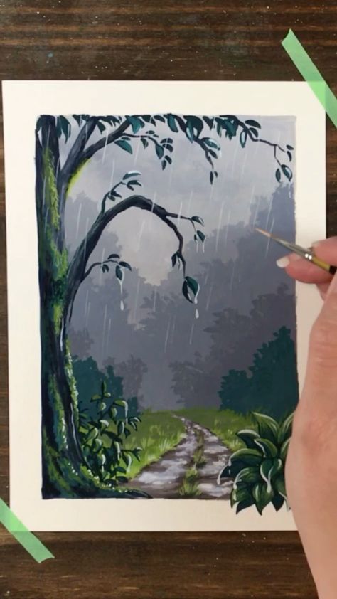 Rain Painting Gouache, Raining Landscape Painting, Painting Of Rainy Day, Rainy Painting Watercolors, Rainy Day Watercolor Painting Easy, Rainy Day Canvas Paintings, Rainy Scene Painting, Cozy Painting Ideas On Canvas, Rain Drawing Sketches Rainy Days