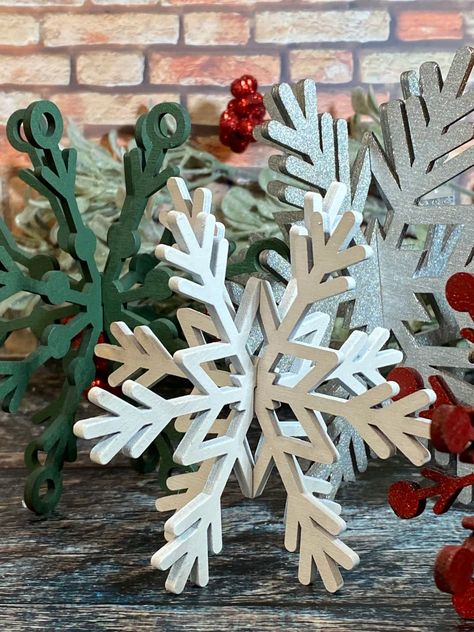 NEW Set of 5 Colored Wood Snowflakes Christmas Decor | Etsy 3d Wood Snowflake, 3d Wooden Snowflakes, Wood Snowflake Diy, Large Snowflake Decorations, Wooden Snowflakes Diy, Diy Snowflakes Decorations, Snowflake Display, Large Christmas Decor, Winter Wonderland Christmas Decorations