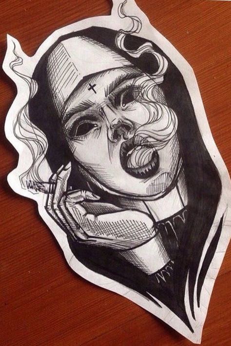 Smoking demonic nun Bauch Tattoos, Dibujos Tattoo, Dengeki Daisy, Kunst Tattoos, Demon Tattoo, Tato Lengan, Geniale Tattoos, Samurai Tattoo, Dark Art Drawings