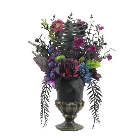 16" Black Skeleton Bust Floral Arrangement in Urn by Ashland® Skull Centerpiece Wedding Flower, Horror Centerpieces For Table, Horror Table Centerpieces, Cauldron Centerpiece Halloween, Spooky Floral Arrangements, Halloween Paper Flowers, Gothic Centerpieces, Goth Wedding Theme, Table Decorations Halloween