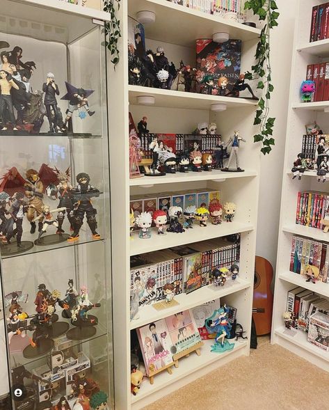 Anime Themed House, Anime Home Decor Ideas, Manga Corner Room, Anime Display Case, Figurine Shelf Display, Anime Themed Rooms, Anime House Decor, Anime Theme Bedroom, Anime Theme Room