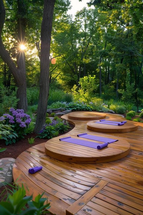 How to Create an Outdoor Yoga Sanctuary in Your Backyard Deck Meditation Space, Outdoor Sitting Areas In The Woods, Meditation Backyard Ideas, Meditation Deck Outdoor, Yoga Park Outdoor, Outdoor Sanctuary Ideas, Outdoor Ritual Space, Meditation Garden Ideas Backyards, Backyard Platform Ideas