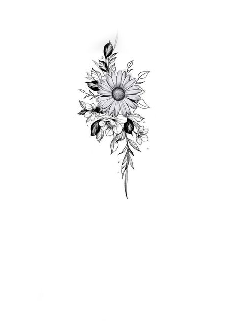 Elegant Sunflower Tattoo, Dazy Flower Tattoo, Half A Sunflower Tattoo, Leaves Drawing Tattoo, Daisy Tattoo Designs Vintage, Side Wrist Tattoos For Women Unique, Sunflower Sternum Tattoo, Unique Sunflower Tattoos For Women, Half Sunflower Tattoo