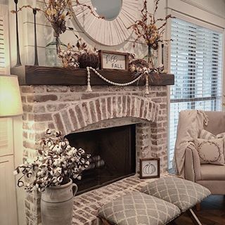 Yay! For Friday’s and cool fall 🍁 weather. . . . .#farmhousestyle #farmhousedecor #farmhouse  #kirklands #myfavpicfriday #whitefarmhouse #mysoutherliving  #thecottagejournal #bhghome #mybhghome #myafh # #cldecor #hgtv  #southernlivingmag #hgtvmagazine  #shiplap #joannagaines #ceilingbeams  #farmhousefireplace #bhgcelebrate #bhgholiday #falldecor #falldecorations Farmhouse Fireplace Ideas, Rustic Farmhouse Fireplace, Design Camino, Case In Stile Country, Farmhouse Mantle, Brick Fireplace Makeover, French Farmhouse Decor, Farmhouse Fireplace, Interior Vintage