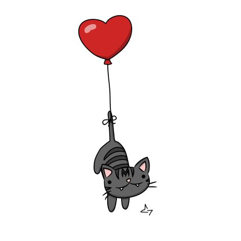 Cat Valentine Drawing, Hanging Cat Drawing, Valentines Cat Drawing, Valentine Cartoon Drawings, Cute Valentine Drawings, Cat Holding Balloon, Cute Valentines Drawings, Valentines Drawings, Funny Cat Illustration