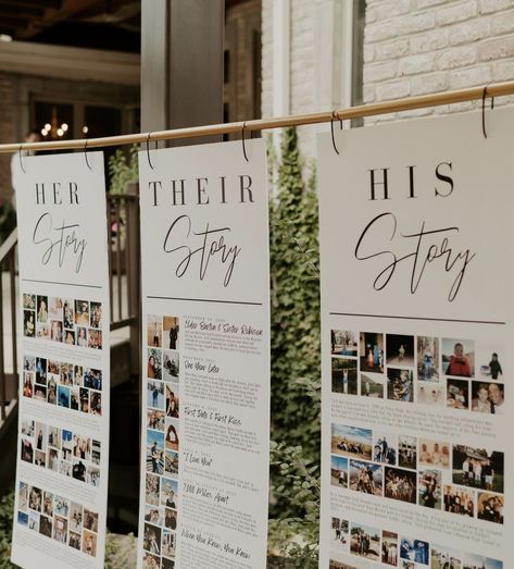 Wedding Photo Board Display, Photo Display Ideas For Wedding, Engagement Photos At Wedding Display, Photoboard Wedding, His Story Her Story Their Story Wedding, Wedding To Do Board, Quirky Wedding Decor, Wedding Vision Board Ideas, Wedding Picture Wall