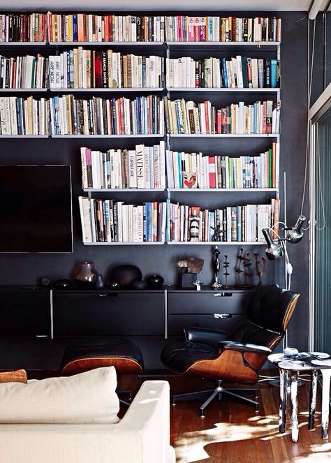 Black Room With Bookshelves, Lots Of Books, Living Tv, Black Room, Dark Walls, Home Libraries, Australian Homes, The Design Files, Home Library