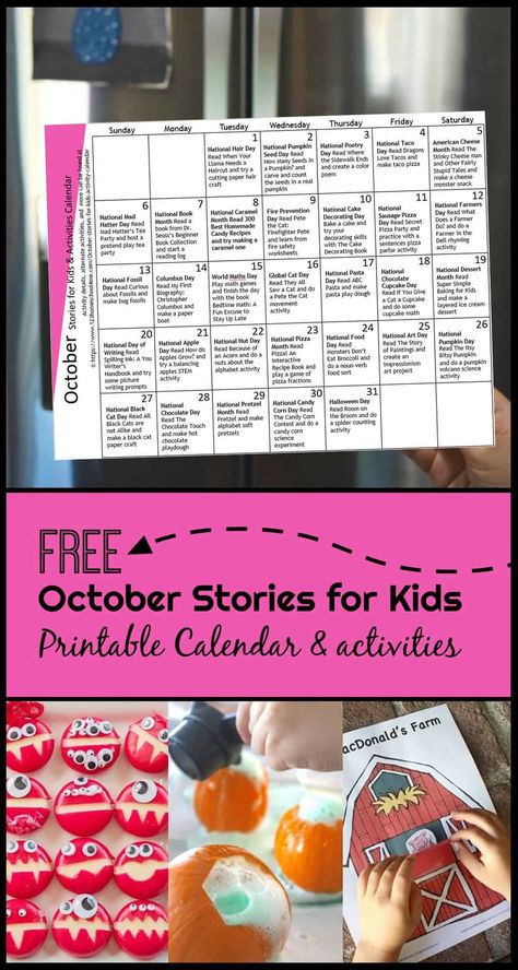 FREE Activity Calendar filled with a daily October Stories for Kids and activity based on a fun holiday or seasonal theme. Perfect for families on the go! #activitycalendar #bookactivities #funholidays October Activity Calendar, World Maths Day, National Poetry Day, 123 Homeschool 4 Me, Activity Calendar, Maths Day, Caramel Treats, Fun Holidays, October Activities