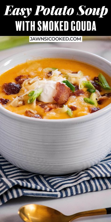 Smoked Baked Potato Soup, Smoked Potato Soup, Gouda Potato Soup, Smoked Gouda Potato Soup, Gouda Dinner Recipes, Gouda Soup Recipes, Smoked Brisket Potato Soup, Smoker Soup Recipes, Smoked Soups