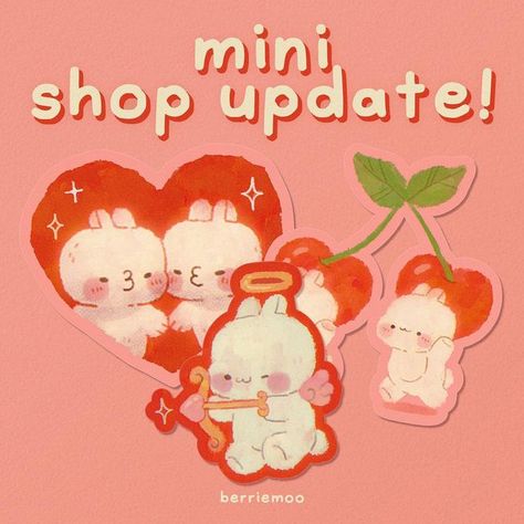 berriemoo 🍓 châu on Instagram: "A tiny mini SHOP UPDATE 💗✨ My first shop update of 2023 is NOW LIVE! Took it easy this month so there’re only 3 cute die-cut stickers added 🍒 Peep the freebie hearts on the 2nd slide. Orders above €35 get free shipping （*´▽｀*） Shop link is in my bio Send this to your love ones because everyone deserves love and cute bunnies 🥺❤️ Happy shopping! #cuteillustrations #illustragram #illustrator #valentine #artshop" Kawaii Valentine, Valentines Illustration, Sticker Design Inspiration, Cute Bunnies, Name Card Design, Thank You Card Design, Valentine Stickers, Cute Posts, Artist Alley