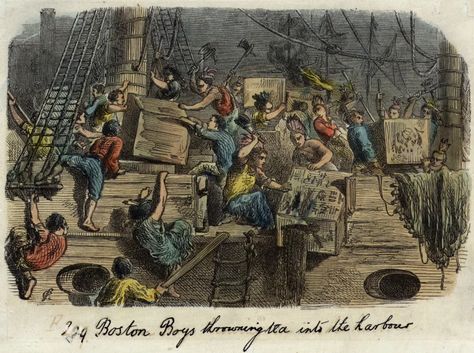 Illustration of the Boston Tea Party: A group of Bostonians, dressed as Native Americans, board a British ship laden with imported tea to throw the full crates into the harbor. Tea Party Pictures, The Boston Tea Party, Boston Tea Party, Tea History, Boston Tea, History Magazine, Tea Party Dress, Party Pictures, Historical Artifacts