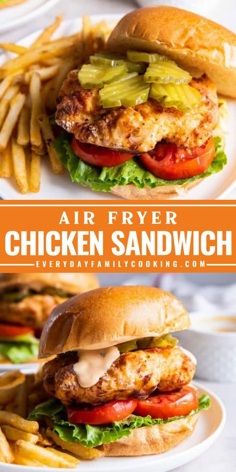 Are you craving Chick-fil-A chicken sandwich but too lazy to order? This chicken sandwich recipe will satisfy your cravings! With just your air fryer, you can make this crispy, juicy, golden dish. Pin this Father's Day recipe and share it to your friends. Chic Fil A Cool Wrap Recipe, Chicken Sandwich Recipes Air Fryer, Air Fryer Chicken Sandwich, Homemade Chicken Sandwich, Chicken Breast Sandwich, Crispy Air Fryer Chicken, Crispy Chicken Breast, Chicken Sandwich Recipe, Crispy Chicken Sandwiches