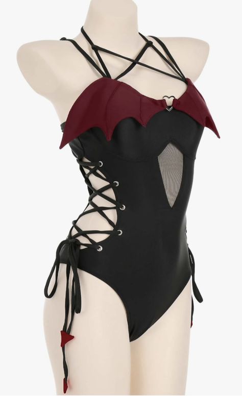 Red Bats One Piece Black Swimsuit Black And Red Swimsuit, Bat Wing Clothes, Vampire Swimsuit, Gothic Bathing Suits, Bat Swimsuit, Outfits Skimpy, Alt Swimsuit, Goth Bathing Suit, Gothic Swimwear