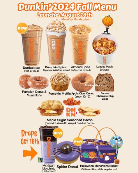 Markie_devo | Dunkin’ said move aside guys, we got a spooky bucket of our own!!😍🎃☕️ Here’s the Dunkin’ 2024 fall menu!! Beverages(drops August… | Instagram Dukin Donuts, Dunkin Donuts Recipe, Dunkin Donuts Menu, Spider Donuts, Starbucks Fall Drinks, Starbucks Drinks Diy, Spiced Almonds, Halloween Menu, Fall Menu