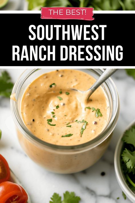 Southwest Ranch Dressing is a delicious creamy salad dressing that can go on everything from salads to sandwiches! Homemade Southwest Ranch, Spicy Dressing For Salad, Southwestern Ranch Dressing, Southwest Ranch Dressing, Tex Mex Salad, Southwest Ranch, Spicy Ranch Dressing, Ranch Dressing Recipe Homemade, Spicy Ranch