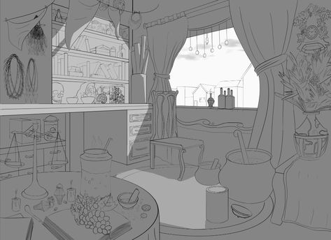 Witch House Interior Drawing, Witch Room Drawing, Room Drawing Ideas, Cartoon Environment, One Point Perspective Room, Drawing Room Concept, Room Perspective Drawing, House Concept Art, 1 Point Perspective Drawing