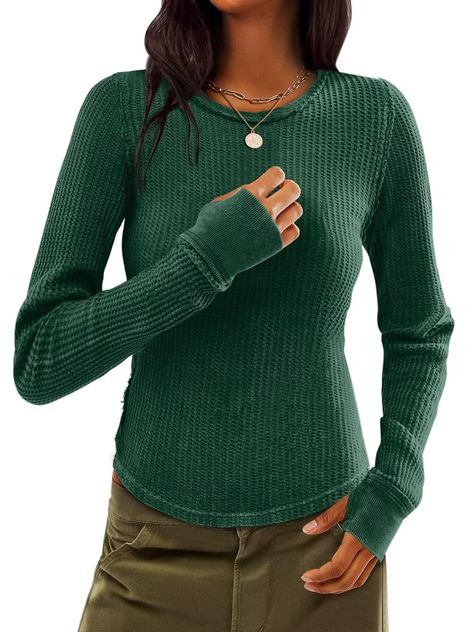 PRICES MAY VARY. 【Soft & Thermal】Micticsi women long sleeve tops are made of premium waffle knit fabric, which are soft, comfy and warmth. Waffle knit shirts give you a comfortable wearing experience in this new season. 【Raw-Edge Seaming】This thermal long sleeve shirts with raw-edge seaming throughout for a lived-in look, thumb holes are designed to keep the entire sleeve in place during every movement and fit more on your arm. 【Easy To Match】Long sleeve tee shirts easily match for any piece in 2024 Green, Long Sleeve Shirts For Women, Women Fall Tops, Womens Trendy Tops, Thermal Shirt, Thermal Long Sleeve, Waffle Knit Top, Women Long Sleeve Tops, Winter Tops