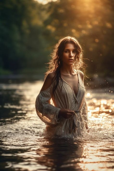 Flowy Dress In Water Photoshoot, Outdoor River Photoshoot Ideas, River Photography Ideas, Waterfall Portrait Photography, Long Dress In Water Photoshoot, Model Shoot Ideas Outdoor, River Shoot Photography, Senior Picture River, Empowering Photoshoot Women