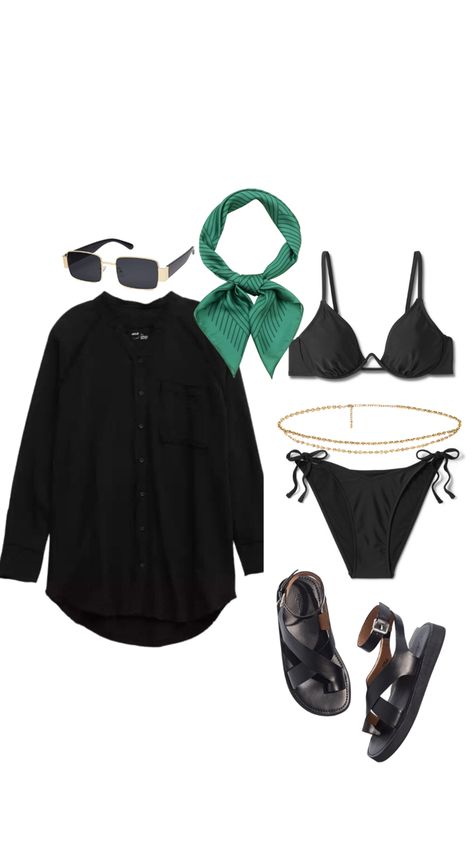 Beach day outfit. Boat day outfits. Black bikini outfit. Beach. Bikini. Waist chain bikini. Black bikini. Black oversized shirt. Black sandles. Black button up. Sunglasses. Amazon sunglasses Black Swimsuit Outfit, Beach Attire For Women, Boat Day Outfit, Boat Party Outfit, Black Oversized Shirt, Amazon Sunglasses, Beach Day Outfit, Bathing Suit Outfits, Black Bathing Suit