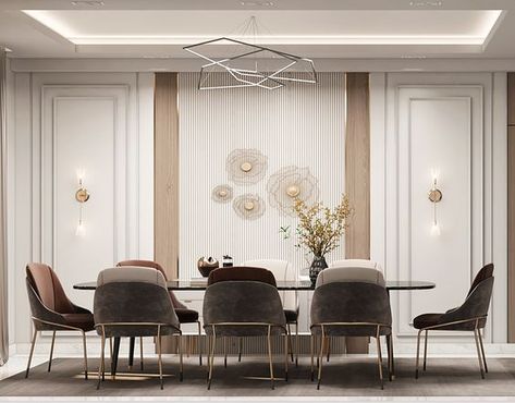 Wall Design For Dining Area, Dining Wall Panelling Design, Dining Back Wall Design, Drawing Dining Room Interior Design, Modern Classic Dining Area, Neo Classical Dining Room, Dinning Room Design Modern Interiors, Dining Area Design Modern Luxury, Dining Room Interior Design Luxury