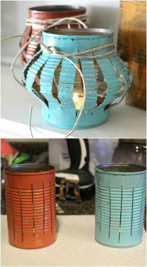 Upcycled Tin Can Tea Lanterns Kerajinan Diy, Hantverk Diy, Garden Lantern, Diy Copper, Lantern Designs, Lantern Ideas, Tin Can Crafts, Dekor Diy, Garden Lanterns