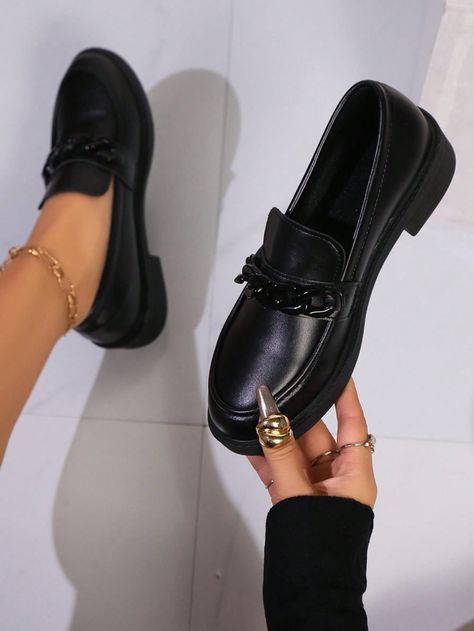 Women's Black Metal Chain Decor Slip On Flat Loafers, Everyday CasualI discovered amazing products on SHEIN.com, come check them out! Chain Decor, Flat Loafers, Girly Shoes, Loafers For Women, Amazing Products, Metal Chain, Black Metal, Loafer Flats, Loafers