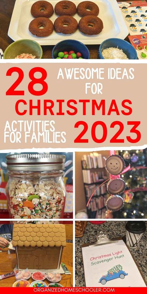 28 awesome idas for Christmas activites for families 2023 written in the middle of a Christmas donut bar, reindeer food, a homemade Christmas ornament, a gingerbread house, and a Christmas light scavenger hunt printable Fun Christmas Ideas For Families, Family Holiday Craft Ideas, Activities For Kids At Home Christmas, 25 Christmas Activities For Kids, 12 Days Of Christmas Craft Ideas, Fun Family Christmas Activities At Home, Christmas Activities For Families Home, Xmas Activities For Family, 12 Days Of Christmas For Family