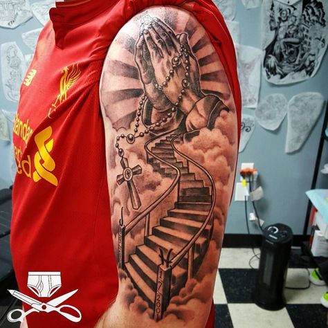 Stairs To Heaven Tattoo, Gates Of Heaven Tattoo, Jesus Tattoo Sleeve, Stairway To Heaven Tattoo, Heaven Tattoo, Element Tattoo, Instagram Tattoos, Rip Tattoo, Praying Hands Tattoo