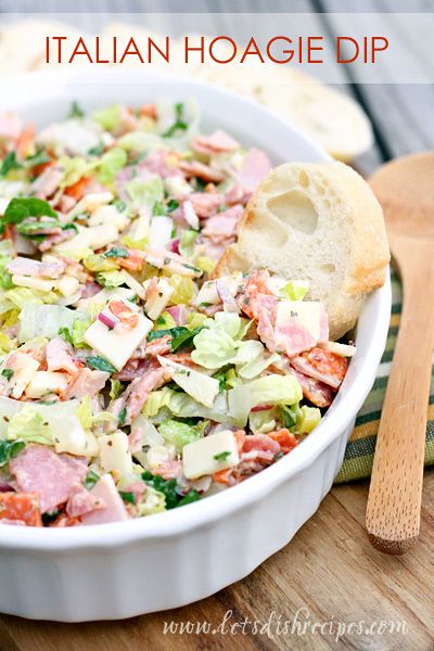 Italian Hoagie Dip Recipe | All your favorite sub sandwich fixings in a delicious and easy to eat dip. Such a fun appetizer! Italian Hoagie Dip, Hoagie Dip, Summer Potluck Recipes, Italian Hoagie, Baguette Slices, Chips Dip, Cheesecake Dip, Homemade Italian, Potluck Recipes