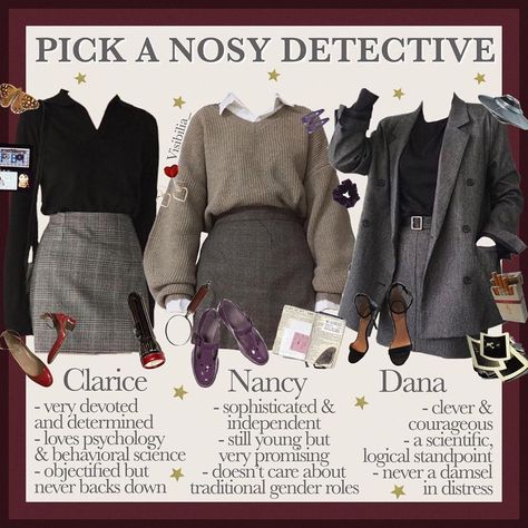 𝐌𝐚𝐡𝐚𝐥𝐢𝐚 🌼 on Instagram: “𝙋𝙞𝙘𝙠 𝙖 𝙣𝙤𝙨𝙮 𝙙𝙚𝙩𝙚𝙘𝙩𝙞𝙫𝙚 Who are you? Who would you solve some mysteries with? • I’m very much Clarice but I need myself a Dana tbh! • Ahhhhh…” Halloween Costumes Aesthetic, Nancy Drew Costume, Dark Academia Fashion Pants, Dark Academia Outfits, Goth Outfit, Niche Memes, Academia Outfits, Academia Style, Dark Academia Fashion