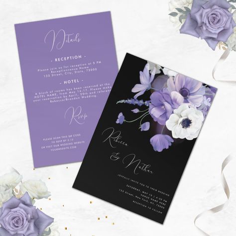 Black And Purple Invitations, Purple Wedding Invite, Black White Lavender Wedding, Black White And Lavender Wedding, Lilac And Black Wedding Theme, Lavender And Black Wedding Theme, Lilac And Black Wedding, Black And Lilac Wedding, Black And Lavender Wedding