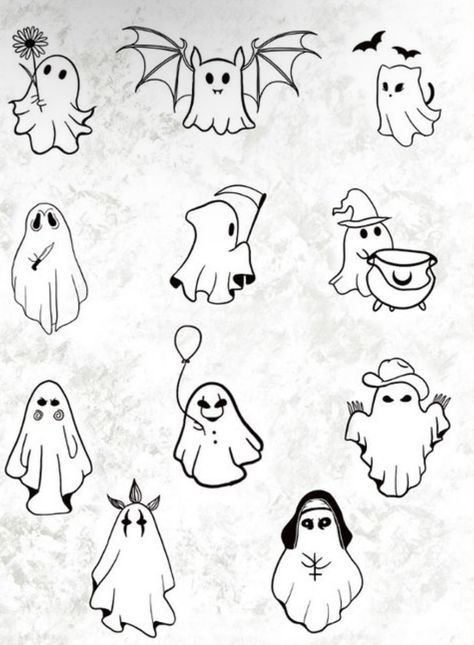 Tattoo Ideas Halloween Small, Cute Little Halloween Tattoos, Ghost Family Tattoo, Small Simple Halloween Tattoos, Mini Spooky Tattoos, Easy Halloween Tattoos, Small Tattoos Halloween, Ghost Tattoo Small, Tiny Spooky Tattoos