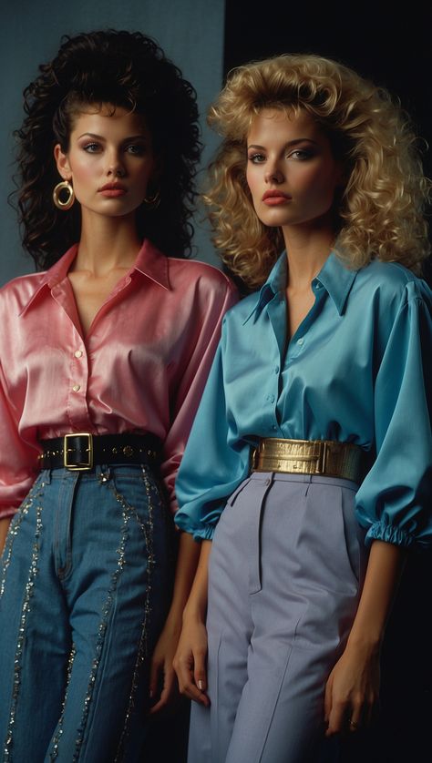 Two women in 80s fashion: one wearing a pink satin blouse with high-waisted blue jeans and the other in a blue satin blouse with high-waisted lavender pants, both showcasing voluminous hairstyles. 80 Theme Party Outfit Women, 80s Luxury Fashion, 1980s Winter Outfits, 80s Glamour Fashion, 80s Fashion Photography, 80s Miami Vice Fashion, 80s Going Out Outfit, Miami 80s Fashion, 1980s Fashion Black Women