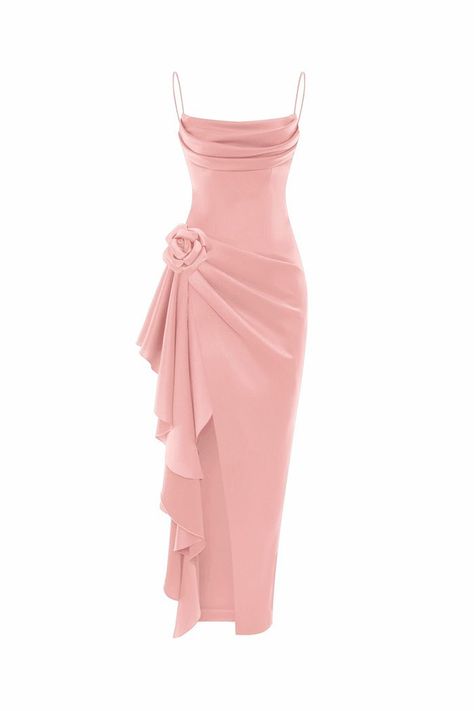 Flower embellished draped satin midi dress powder pink 7D290 – RASARIO How To Style A Maxi Dress, Delicate Clothes, Sheer Socks, Perfect Closet, Thrift Flip, Mini Wedding, Russian Fashion, Feather Dress, Satin Midi Dress