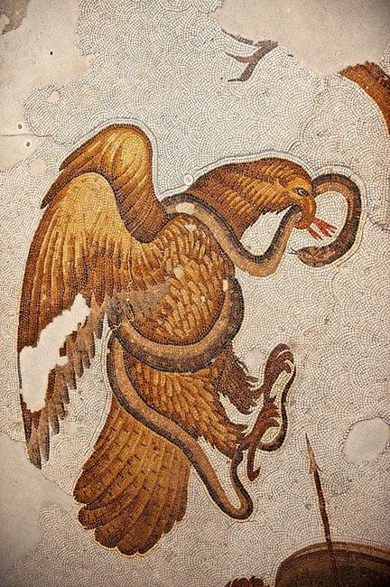 6th century Byzantine Roman mosaics of an Eagle catching a snake   #mosaic #roman Roman Mosaic Art, Roman Mosaics, Byzantine Mosaic, Eastern Roman, Roman Mosaic, Photo Mosaic, Byzantine Empire, Byzantine Art, Roman Art