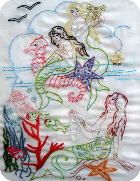 Mermaid Embroidery, Lazy Daisy Stitch, Vintage Mermaid, Embroidery Transfers, Embroidery Patterns Vintage, Vintage Embroidery, Embroidery Inspiration, Embroidery Techniques, Beautiful Embroidery