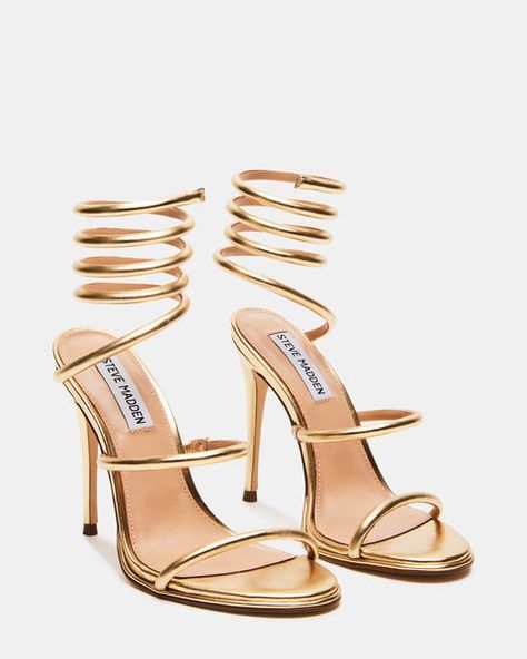 Gold Wrap Heels, Gold Heels Wedding, Hoco Heels, Gold Heels Prom, Wrap Around Heels, Gold Strappy Heels, Silk Maxi Skirt, Prom Heels, Steve Madden Heels