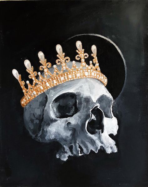 Crown Acrylic Painting, Skull Painting Easy, Acrylic Inspiration, Black Background Painting, Dark Painting, Skull Reference, Painting 101, Wearing A Crown, Dark Paintings