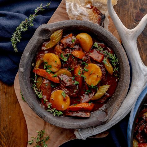 Dutch Oven Venison Stew | Peak to Plate Mushroom Hand Pies, Dutch Oven Sourdough Bread, Beer Gravy, Dutch Oven Sourdough, Venison Stew, Venison Roast, Wedding Soup, Homemade Pie Crusts, Stew Meat