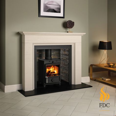 FDC Abingdon Fire Surround in veined Portuguese limestone, Rustic Slate tile chamber, Honed and oiled slate hearth and slips, and FDC4 Eco multifuel stove Cottage Fireplace Ideas, Limestone Fireplace Surround, Wood Burner Fireplace, Wood Burning Stoves Living Room, Granite Hearth, Log Burner Fireplace, Sandstone Fireplace, Cottage Fireplace, Slate Fireplace