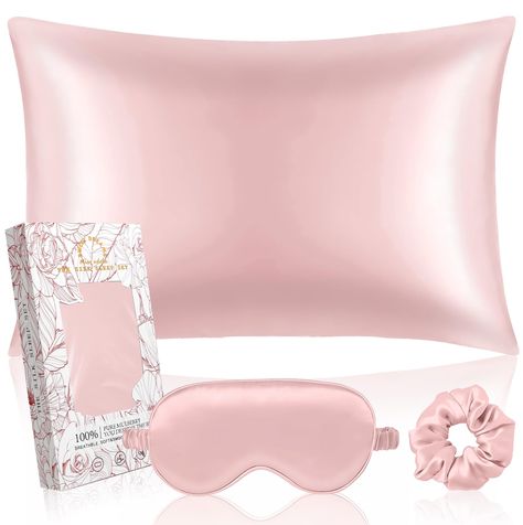 PRICES MAY VARY. Sleeping Pillow Case Set - Comes with 1 Pack soft silk pillow case, along with 1 x matching silk eye mask and 1 x silk hair scrunchie. This silk pillowcase is 20 x 26 inches, which fits most standard size pillows. And the pillow case with a hidden side zipper closure design will become your newest nighttime necessity. Good for your hair and skin - This silk pillowcase is made of 19 Momme 100% mulberry (Note: stitching uses non-silk threads), sleeping on it reduces hair damage. T Silk Pillow Case Aesthetic, Pink Silk Pillow Case, Whish List Ideas, Pink Things To Buy, Silk Pillowcase Aesthetic, Wish List Ideas, Silk Pillow Case, Sleep Gifts, Tri Sigma