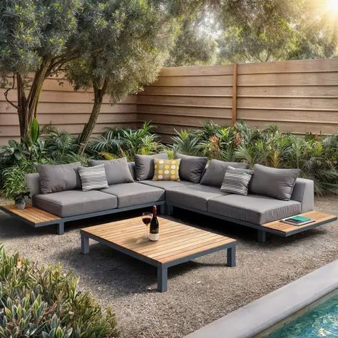 Polo Mid Century Modern Aluminum and Teak 4 Piece Outdoor Patio Sectional Set - Bed Bath & Beyond - 14782007 Oversized Coffee Table, Outdoor Patio Sectional, Patio Seating Sets, Chic Coffee Table, Outdoor Seating Set, Sectional Seating, Lexington Furniture, Outdoor Sofa Sets, Patio Sectional