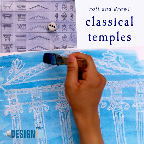 An interesting art lesson - social studies and art integration - or just a fun art activity to play with your children! Discover the architecture and aesthetics of ancient Greek and Roman temples! Draw and paint your own classical temple design with many different columns! #rollanddraw #classicalorder #architectureforkids Ancient Art Projects, Greek Art Projects, Ancient Greece Art Projects, Art History Activities, Greek And Roman Architecture, Architecture For Kids, Roll And Draw, Ancient Greece Art, Ancient Roman Art