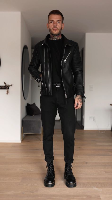 Men’s All Black Club Outfit, Metal Band Outfit Men, Health Goth Men, Mens Techno Outfit, Leather Jacket Outfit Men Formal, Men Gothic Outfit, All Black Casual Outfit Men, Men Rock Style Outfit, Night Out Outfits Men