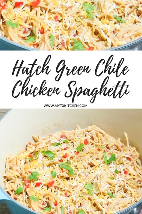 Hatch Green Chile Chicken Spaghetti | My Texas Kitchen | Lightened up Texas comfort food. No canned soup.   #comfortfood #chicken #chickenspaghetti #dinnerinspo Hatch Green Chili Recipe, Hatch Chili Recipes, Hatch Chile Recipes, Hatch Green Chili, Chili Pasta, Green Chile Recipes, Green Chili Recipes, Texas Kitchen, Lasagna Roll Ups