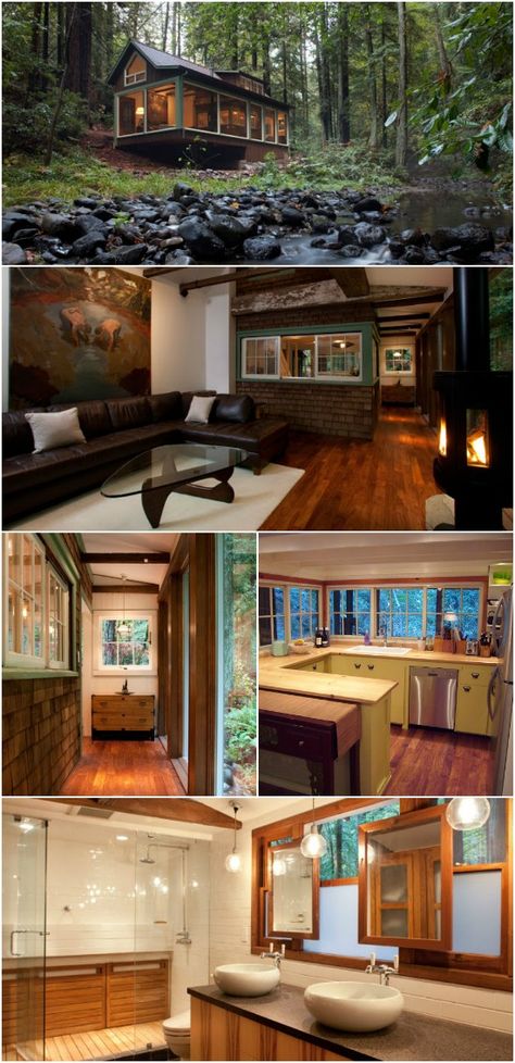 Rustic on the Outside, Modern on the Inside. Check out this 1920’s Creekside Cabin! - Nestled on a Creekside in northern California sits a rustic cabin originally built in the 1920’s but recently remodeled by architect Amy Alper. The home is rustic on the outside with shingles and classic cabin lines but once you step inside it’s clear to see that this home was given a new and modern life but a skilled designer. Modern But Classic House, Rustic Cabin Interior, Creekside Cabin, California Mountain, House Community, Open Living Room Design, Rustic Cabins, Big Hearts, Bohemian Farmhouse