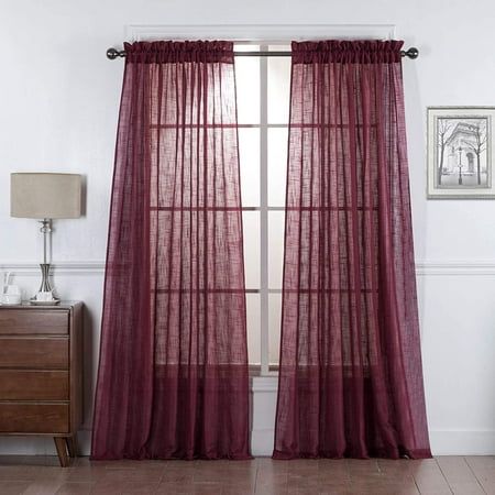 Features a beautiful subtle cross pattern design that makes these linen curtains semi-transparent but thick enough to let just the right amount of light filter through while providing privacy for any room in your home. Size: 52" x 63".  Color: Red. Traditional Family Rooms, Burgundy Curtains, Burgundy Living Room, Window Curtains Bedroom, Purple Curtains, Pocket Window, Cute Curtains, Layered Curtains, Inside Decor