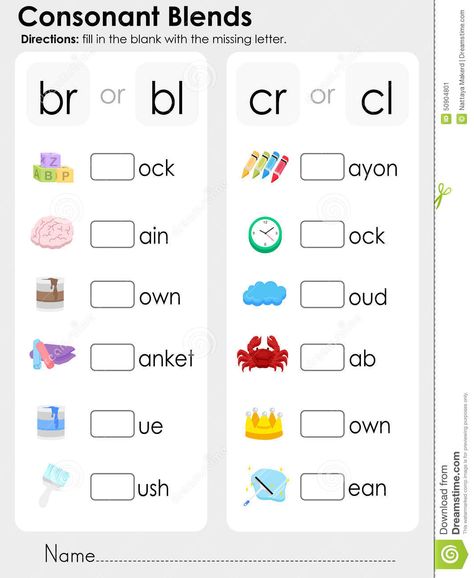 Consonant Blends : Missing Letter - Worksheet For Education Stock Vector -  Image: 50904801 Kertas Kerja Prasekolah, Consonant Blends Worksheets, Blends Activities, Phonics Blends, Letter Blends, Kindergarten Phonics, Blends Worksheets, Blends And Digraphs, Consonant Blends