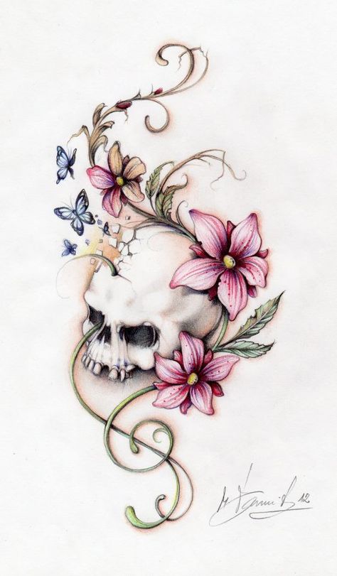 Different flower color, tiny dragons instead of butterflies, darker Skull Tattoos With Flowers, Skull Tattoos For Women, Girly Skull Tattoos, Girly Skull, Skull Tattoo Flowers, Feminine Skull Tattoos, Skull Rose Tattoos, Tattoo Posters, Tatuaje A Color